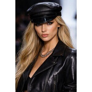 Black Leather Biker Cap Hat Mens Womens Size 7 1/2 Vintage Style